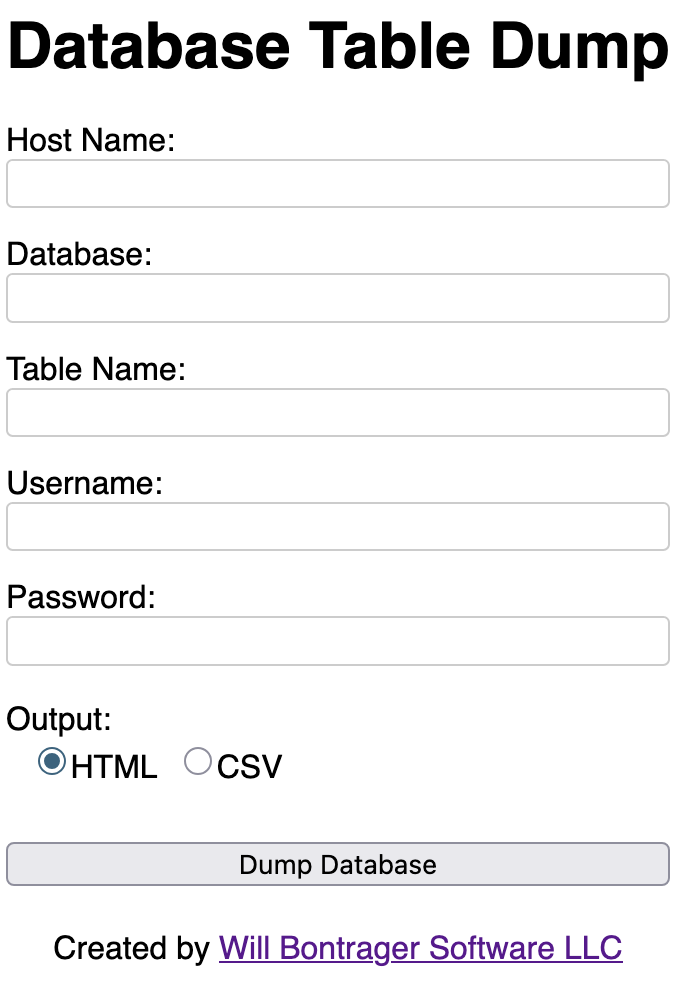 screenshot of Database Table Dump.