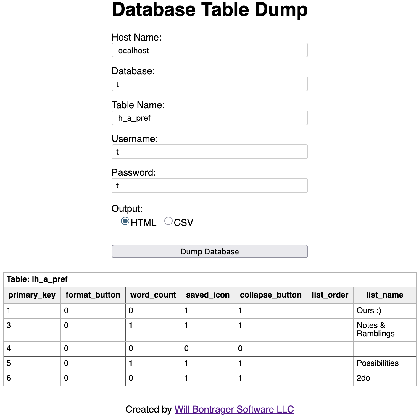 screenshot of Database Table Dump.